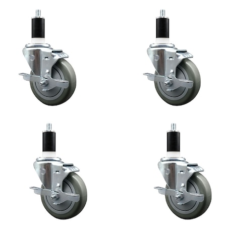 Service Caster 4'' SS Gray Poly Swivel 1-3/8'' Expanding Stem Caster Set with Brake, 4PK SCC-SSEX20S414-PPUB-TLB-138-4